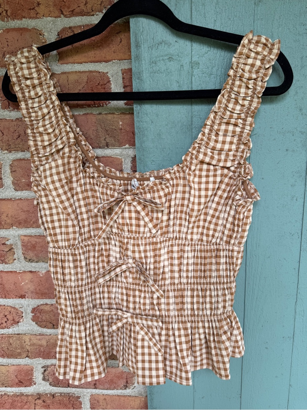 Elodie Coquette Gingham Bubble Scrunched Tank with bows